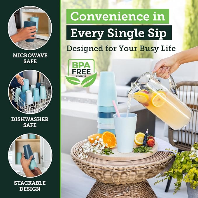 Grow Forward Premium Wheat Straw Cups - 20 oz Unbreakable BPA Free Hard Plastic Cups - Reusable Lightweight Plastic Drinking Glasses for Kitchen, Outdoor, Water, Camping, RV - Seascape