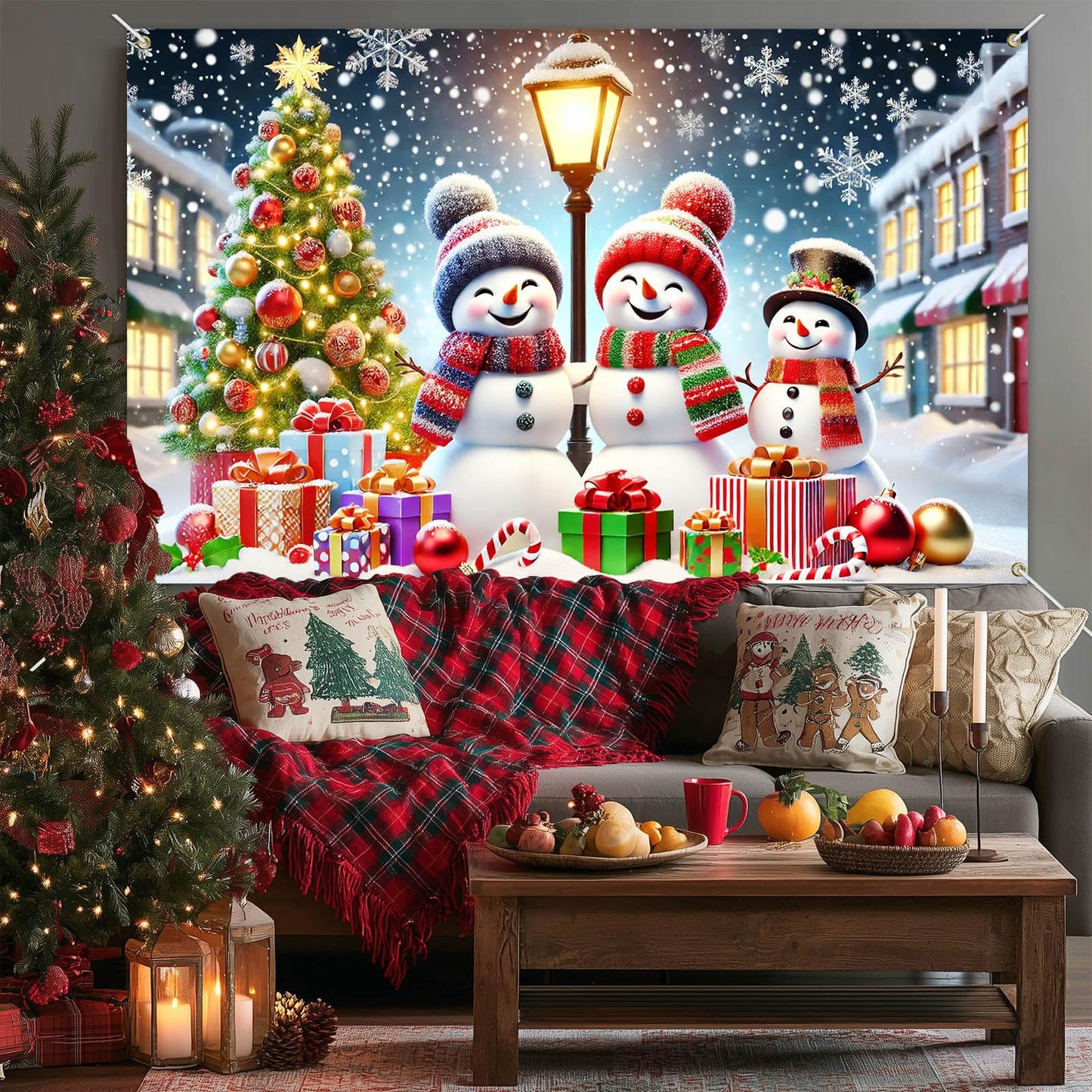 BlissYard Winter Christmas Snowman Banner Backdrop 71x43 Inch Holiday Wall Decoration with Snowy Night Tree Streetlight and Gift Scene for Indoor Party Display Merry Christmas Home Decor