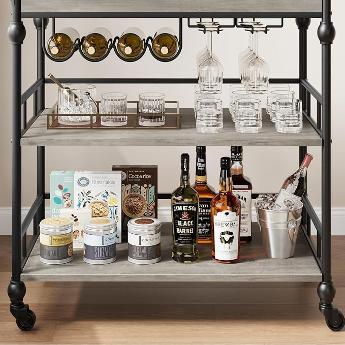 GarveeHome Bar Cart with Wheels, 3-Tier Serving Cart for Home, Mobile Rolling Beverage Cart with Wine Rack and Removable Tray for Kitchen, Dining, Living Room, 35.4" x 15.7" x 34.1", Grey