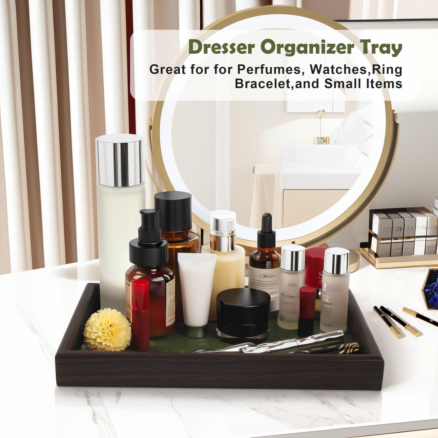 Zosenley Wooden Valet Tray with Leather Base - Nightstand Catchall Organizer for Cologne, Perfume, Keys, Wallet, Phone, Watch, Jewelry & Sunglasses (Green)