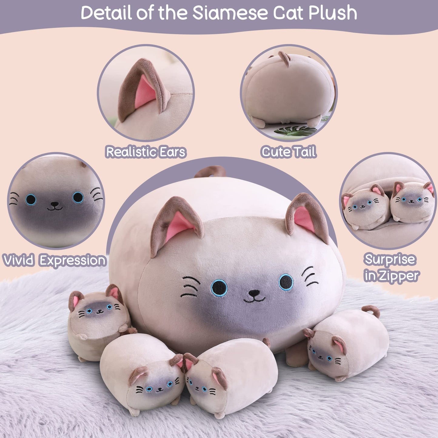 SQEQE Siamese Cat Plush, Cute Stuffed Animals Mommy with 4 Squishy Kitties, Soft Plush Pillow Gifts for Kids