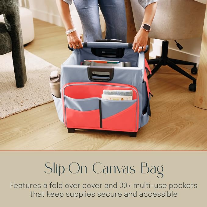Mobile Folding Utility Cart with Canvas Storage Organizer Bag, Rolling Cart, Red/Grey