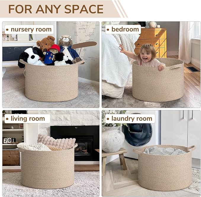 INDRESSME XXXLarge Blanket Basket for Living Room 21.7" x 21.7" x 13.8"-Storage Basket with Handle for Organizing Toy Pillows Woven Wicker Laundry Basket Stuffed Animal Toy Storage for Play Room