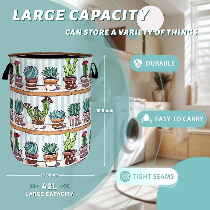 Cute Cactus Laundry Basket Tropical Cactus Flower Hamper Foldable Oxford Cloth Green Plants Colorful Tote Bag Clothes Toy Storage Bucket For Bathroom/Laundry Storage/Bedroom 18.9 x 16.5 Inch