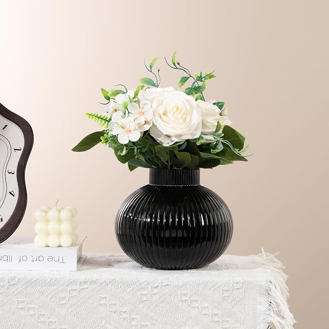 Black Glass Vase, Flower Vases for Bouquet, Ribbed Glass Vases for Flowers, Small Black Vase for Living Room, Office, Coffee Table, Shelf, Wedding, 6 Inches