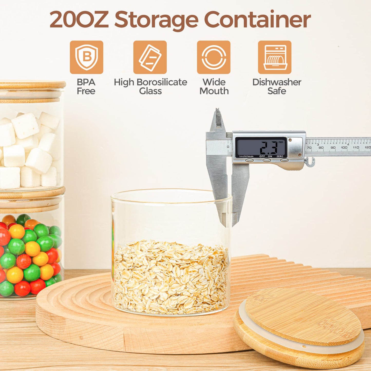 ComSaf Airtight Glass Food Storage Jars Set of 6, 0.6 Qt Clear Glass Food Storage Container with Sealing Wooden Lid, Stackable Spice Jar, Round Kitchen Canister for Sugar, Tea, Coffee bean, Pasta, Oat
