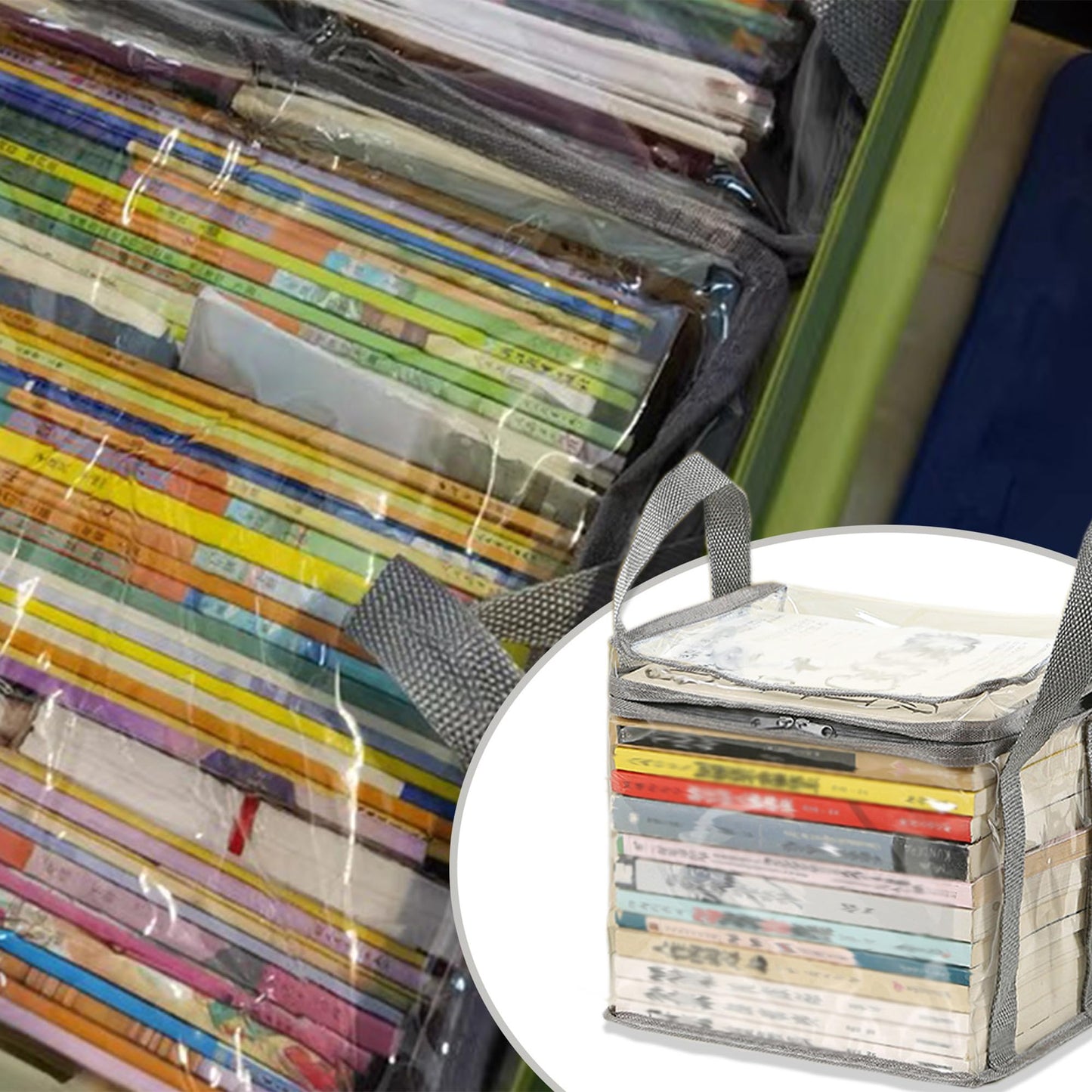 XLANMAY 2PCS Clear Book Storage Bag Plastic Comic Books Organizer Collapsible Book Display Case with Lid and Lifting Handle for Books Used Toys 38x24x32cm/15x9x13inches