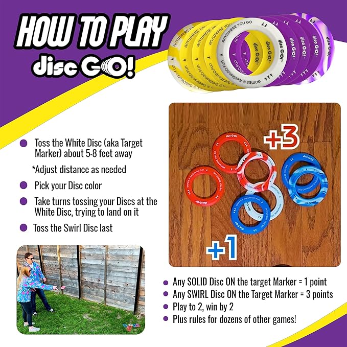 DiscGO! Game 9 Soft Silicone Discs, Play Indoor/Outdoor for Fun, Gift, Family, Camping, Parties, Tailgating, Team Building, Classroom, Portable Travel Games for Kids & Adults (Yellow, White & Purple)