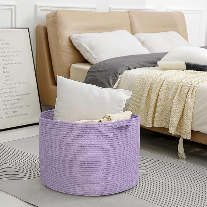 MEGASKET Purple Rope Storage Basket, 22" X 14" Large Woven Baskets, Jumbo Floor Bin for Throw Blankets Pillows, Baby Laundry Basket, Dirty Clothes Organizer, Big Storage Bin for Toys, Towels