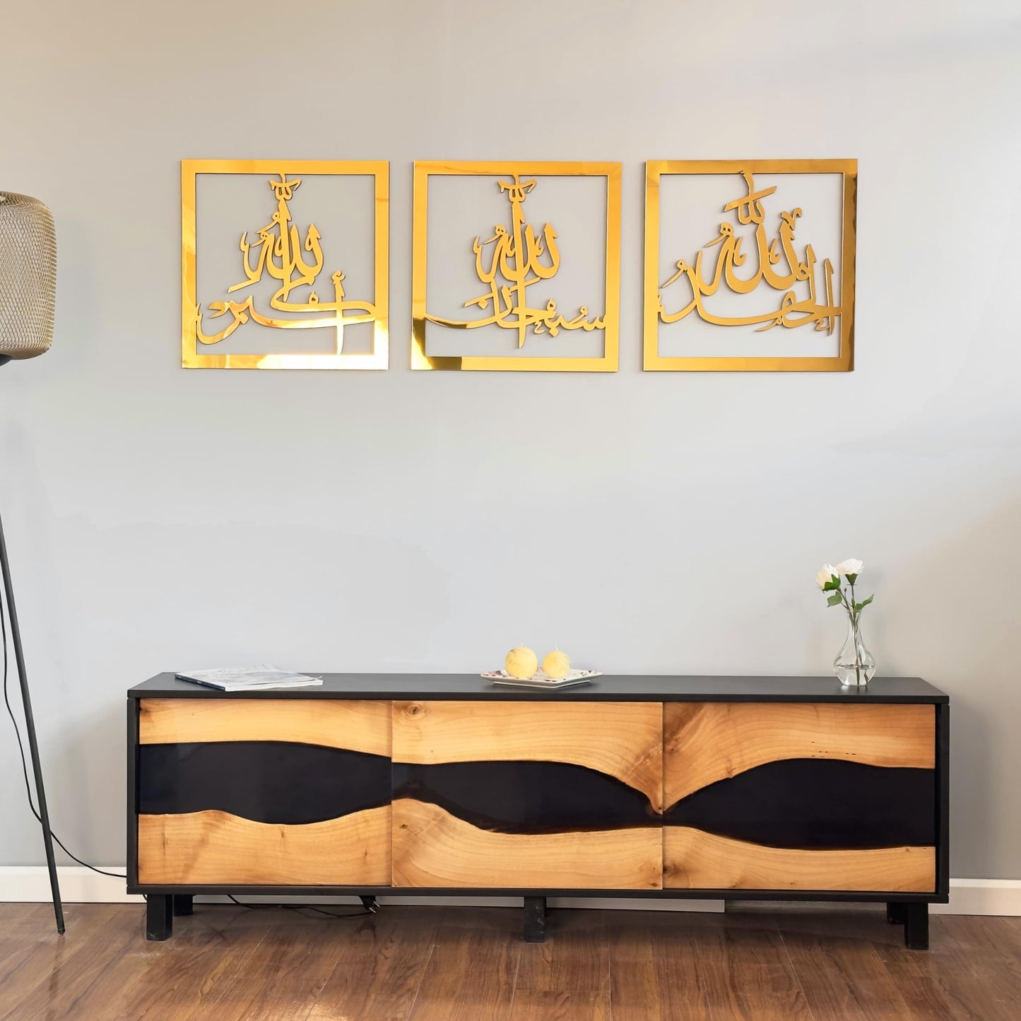 iwa concept Subhanallah Alhamdulillah Allahuakbar Triple Set Wooden/Acrylic Islamic Wall Decor, Tasbeeh Islamic Calligraphy Art, Room Decor Gift for Muslims at Ramadan Eid (12 x 12 Inches, Gold)