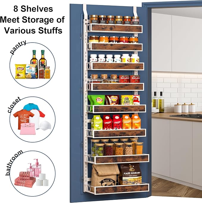 8 Tier Over The Door Pantry Orangizer 2 IN 1 Wall Mounted or Hanging Spice Rack with Adjustable Wood Basket,Heavy Duty Seasoning Storage Shelf for Kitchen Pantry and Bathroom