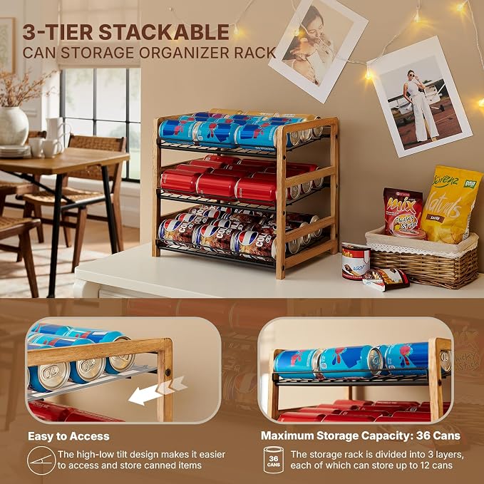 DGWJSU Can Organizer for Pantry 3-Tier, Can Storage Organizer Pantry, Soda Can Organizer, Holds up to 36 Cans Holders for Pantry, Cabinet, Countertop, Carbonized Brown