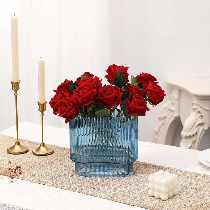 Ribbed Glass Vase, Blue Glass Vase, Fluted Short Vases for Flowers, Modern Vases for Living Room, Dining Room, Bathroom, Desk, Shelf, Wedding, Office, 7 Inches