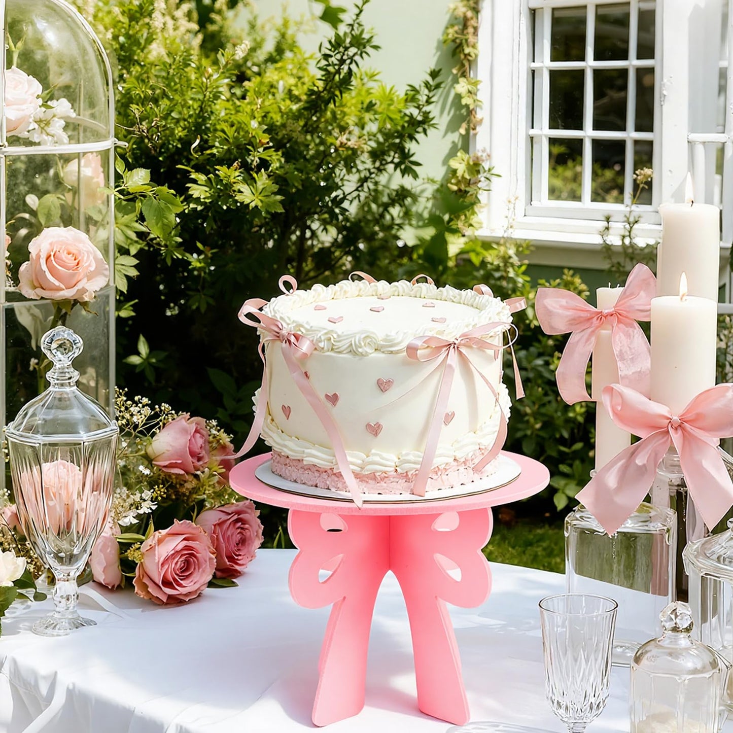 Lallisa Bow Cake Stand Pink Coquette Party Decorations 3D PVC Dessert Holder for Baby Shower Wedding Decor Holiday Props Theme Gift Birthday Bachelorette Bridal Party Supplies