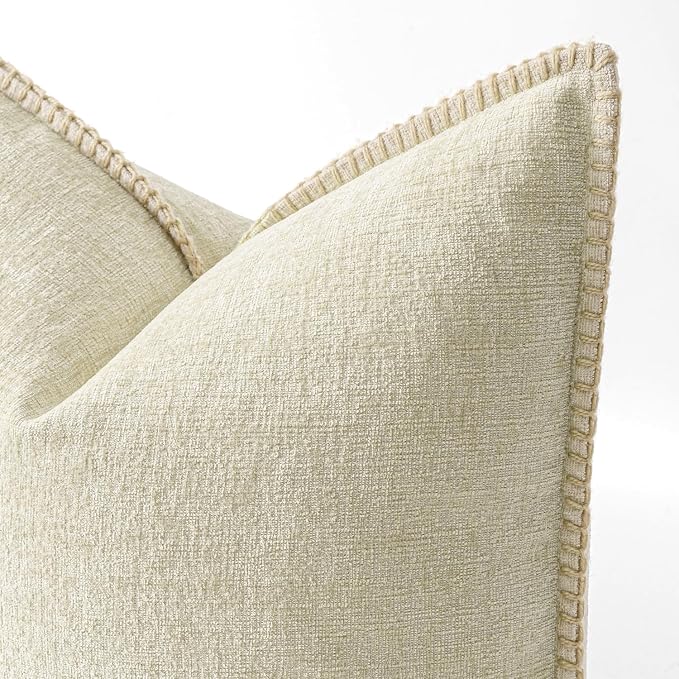 MIULEE Pack of 2 Pillow Covers 20x20 Inch Cream White Farmhouse Decorative Throw Pillow Covers with Stitched Edge Soft Chenille Solid Dyed Couch Pillow Covers for Sofa Bed Living Room