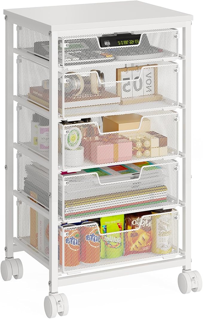Sbanmao 5 Drawers Rolling Utility Cart, Storage Drawer Cart with Wooden Top, Rolling Storage Cart on Lockable Wheels, Metal Utility Cart & Craft Storage Cart for Bedroom, Classroom, Office, White