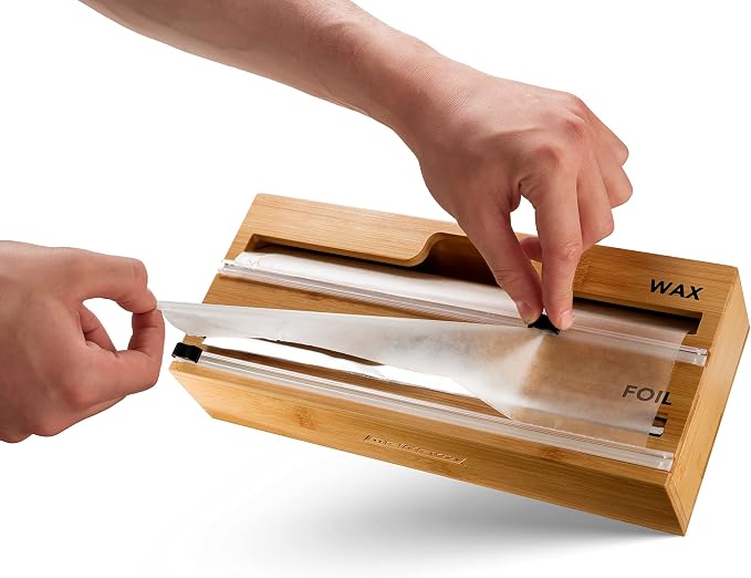 MELDEVO 2 in 1 Wrap Dispenser with Cutter and Labels, Plastic Wrap, Aluminum Foil and Wax Paper Dispenser for Kitchen Drawer, Bamboo Roll Organizer Holder, Compatible with 12" Roll