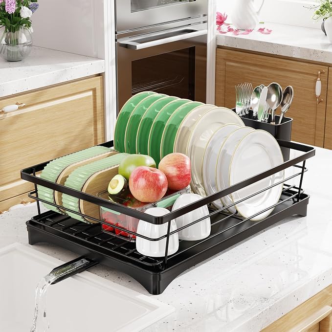 Simple Trending Dish Drying Rack, Stainless Steel Dish Rack for Kitchen Counter, Space-Saving Dish Drainer with Utensil Holder and Drainboard, 12''W x 17''L, Black