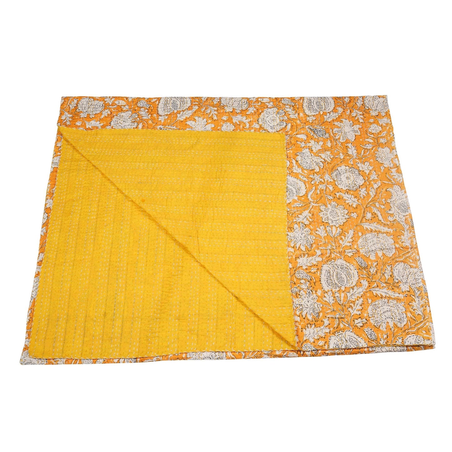 Marubhumi Indian Handmade Traditional Hippie Floral Print Kantha Quilt Indian Cotton Bedding Throw Blanket Bespread Hand Stitched with Love (Yellow, Queen (90"x 108"))