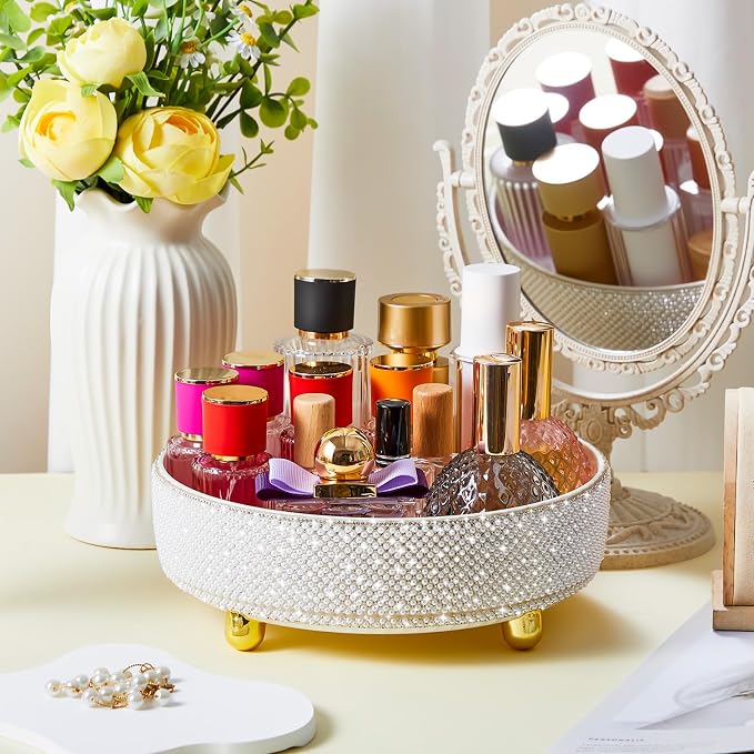 Honeydak 360 Rotating Perfume Organizer Gift for Women, Rhinestone Preppy Skincare Organizer Bathroom Counter Makeup Holder Skincare and Perfume Storage for Cosmetic(1 Tier,Pearl,White)