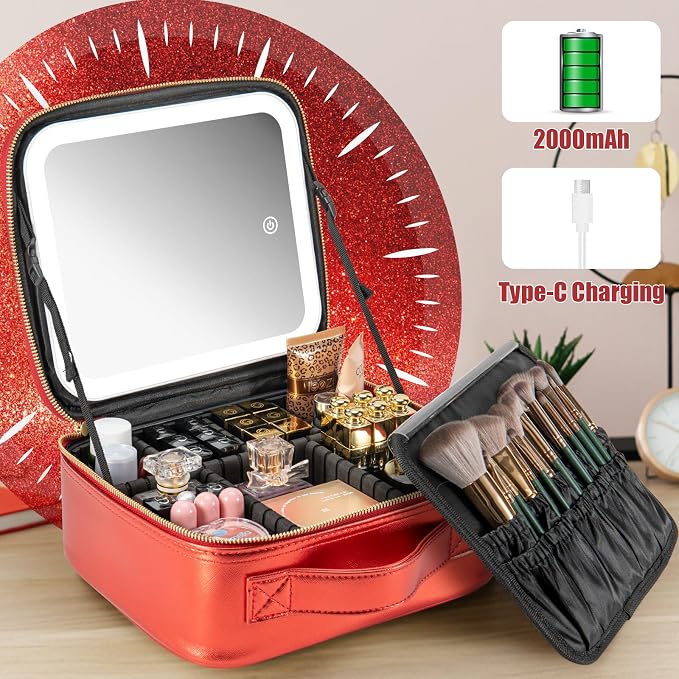 Extrei Gent Makeup Travel Train Case with Mirror LED Light 3 Adjustable Brightness Large Cosmetic Bag Portable Storage Adjustable Partition Waterproof Brushes Make up Jewelry Gift for Women