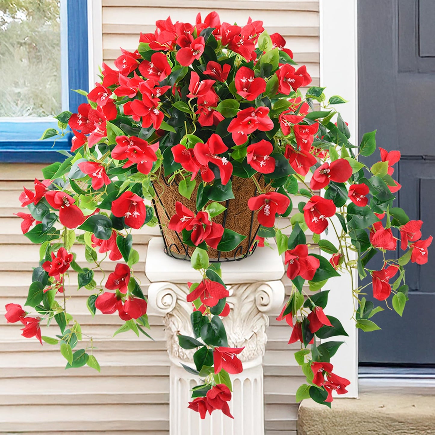 Homsunny Artificial Hanging Flowers Plants Basket for Outdoor Decoration,4 PCS Faux Silk Bougainvillea Vine Flowers Look Real UV Resistant for Outside Porch Patio Yard Garden Decor(Red)
