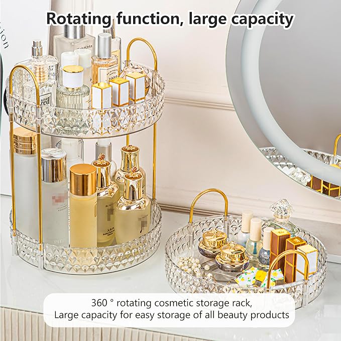 360° Rotating Acrylic Storage Rack, 2-Tier Large Capacity Makeup Organizer for Bathroom Countertop & Vanity, Clear Cosmetic Holder for Skincare, Perfume & Beauty Essentials