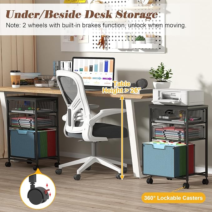Sbanmao Rolling File Cart with 3 Drawers, Filing Cabinet, Hanging Folder Holder Organizer with Wheels, Under Desk Storage Utility Cart, File Cabinet Printer Stand for Home Office, Black