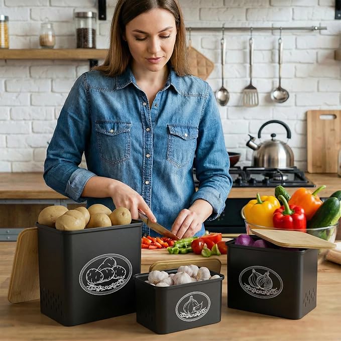 Lifewit Plastic Potato and Onion Storage Bin, Stackable Garlic Keeper with Aerating Holes and Lid, Vegetable Container Box for Pantry Countertop, Black, 24 x 18 x 24 cm/9.5 x 7 x 9.5 inch, Set of 3
