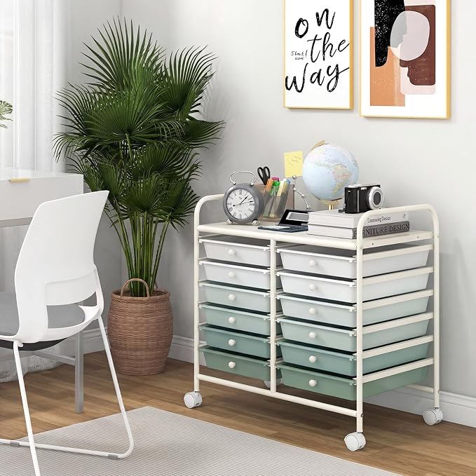 Giantex 12 Drawers Rolling Cart, Mobile Storage Drawer Cart, Classroom Organizer Cart for Office School Supplies Tools Scrapbook Paper Craft Small Printer, Utility Cart on Wheels, Green Gradient