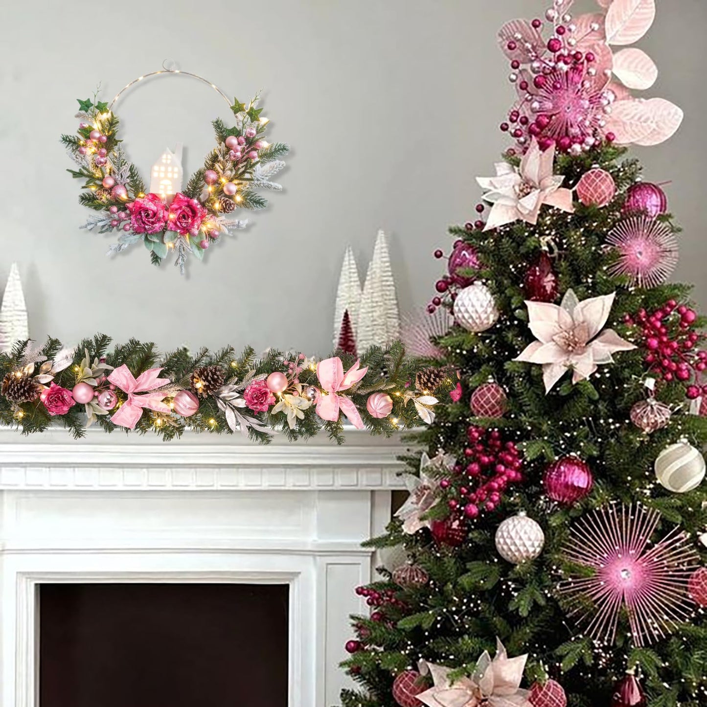 6 feet Christmas Pink Garland for Front Door with 30 LED Lights,Festive Lighted Holiday Decor,prelit Mantel Garland withTimer,Stair and Fireplace Pink Rose Decoration for Christmas and Wedding