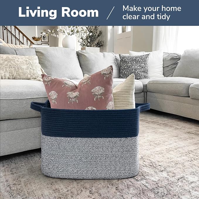 Goodpick Woven Baskets for Organizing, 18" x 14" x 12" Large Storage Basket for Living Room Bedroom, Decorative Toy Baskets Storage Kids Rectangle Blanket Basket with Handles, Dark Blue