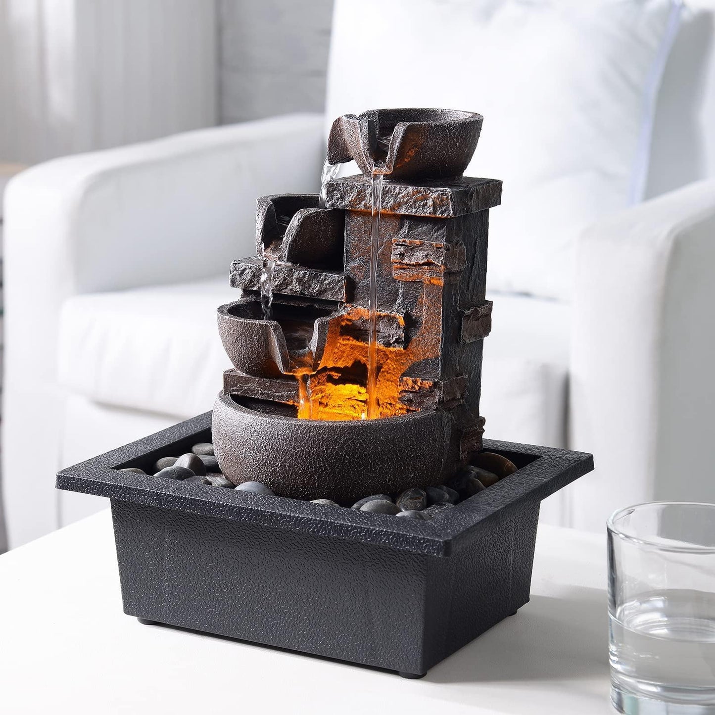 Kalona Décor Desktop Fountain - 10" 4-Tier Design with Imitation Stone, Indoor Waterfall Tabletop River Rocks & Resin Material for Serene Meditation & Relaxation - Ideal for Home & Office Decor