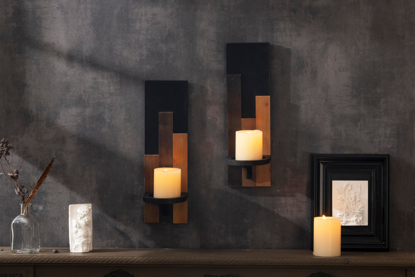 AimtoHome Wood Rustic Candle Sconces, Set of 2 Wall-Mounted Pillar Candle Holders, Antique Classical Wooden Candleholder for Farmhouse, Fireplace, Living Room, Bedroom, Rustic Home Decor