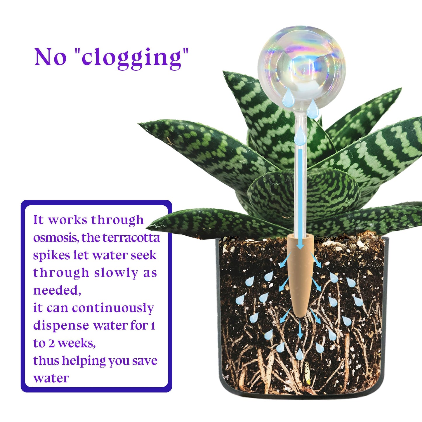 HyJeryty Non-Clogging Iridescent 3 Pack Ball Plant Watering Globes with Terracotta Spikes, Hand Blown Glass Self Watering Planter Insert Plant Watering Devices Bulbs for Indoor and Outdoor Plants