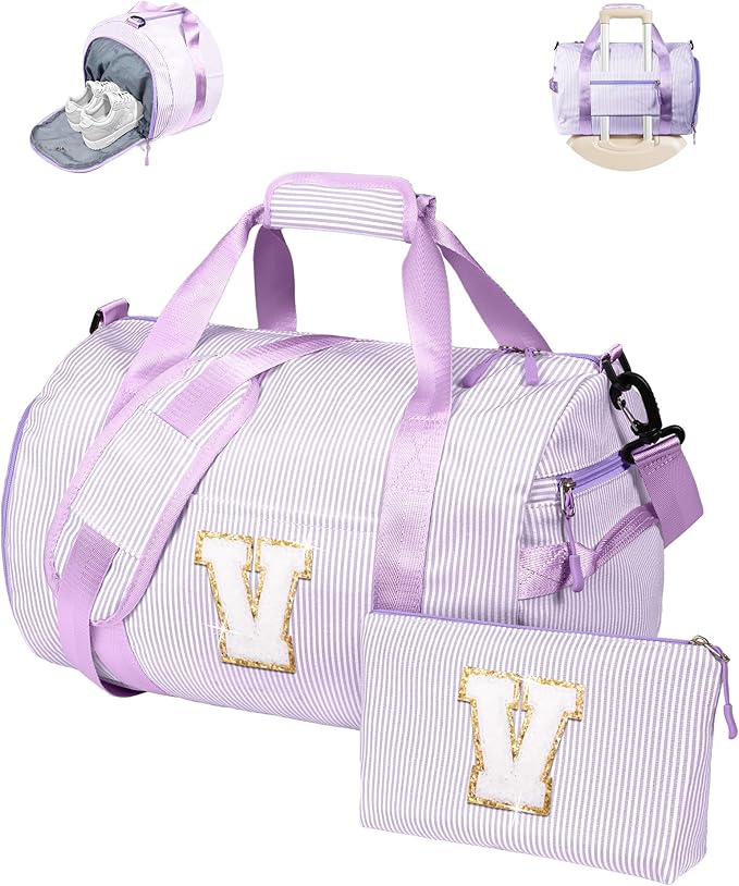 Christmas Gifts for Teen Girls, Girl Gym Bag, Kids Initial Overnight Duffel Bags with Shoe Compartment, Personalized Dance Bag with Makeup Pouch, Gift for 3 4 5 6 7 Year Old Kid (Letter V)