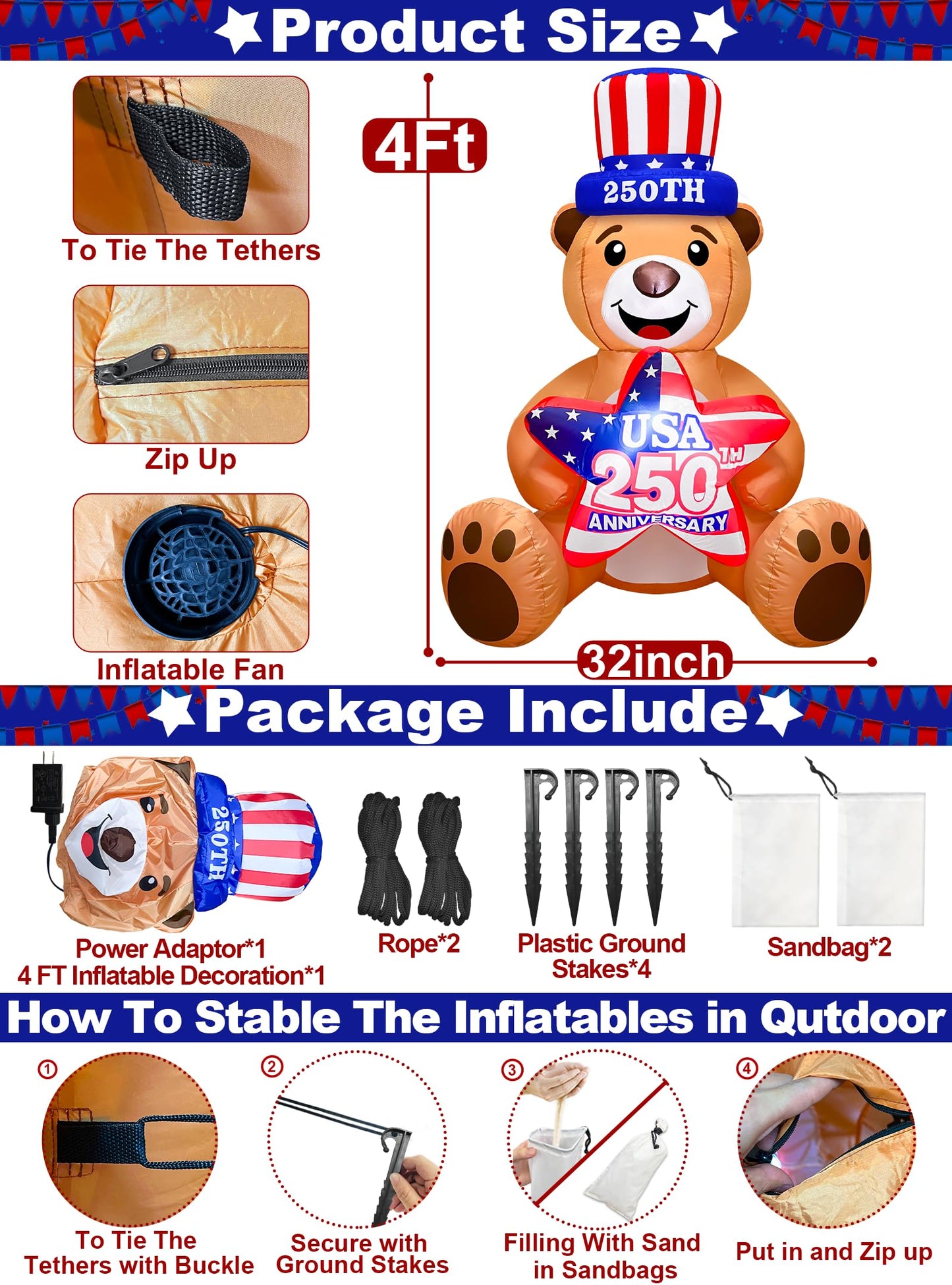 4 Ft Inflatable Uncle Sam Bear with USA 250th Anniversary Star Build-in LED Lights Blow up 4th of July Outdoor Decorations for Home Yard Lawn Garden Independence Day Memorial Day Decor