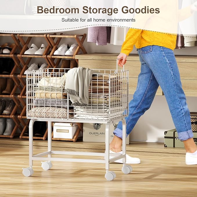 Rolling Laundry Basket with Wheels,80L Wire Laundry Cart with Pull Handle,White High Laundry Basket Cart for Laundry Room,Bathroom,Bedroom-White(23.6 * 15.75 * 28inch)