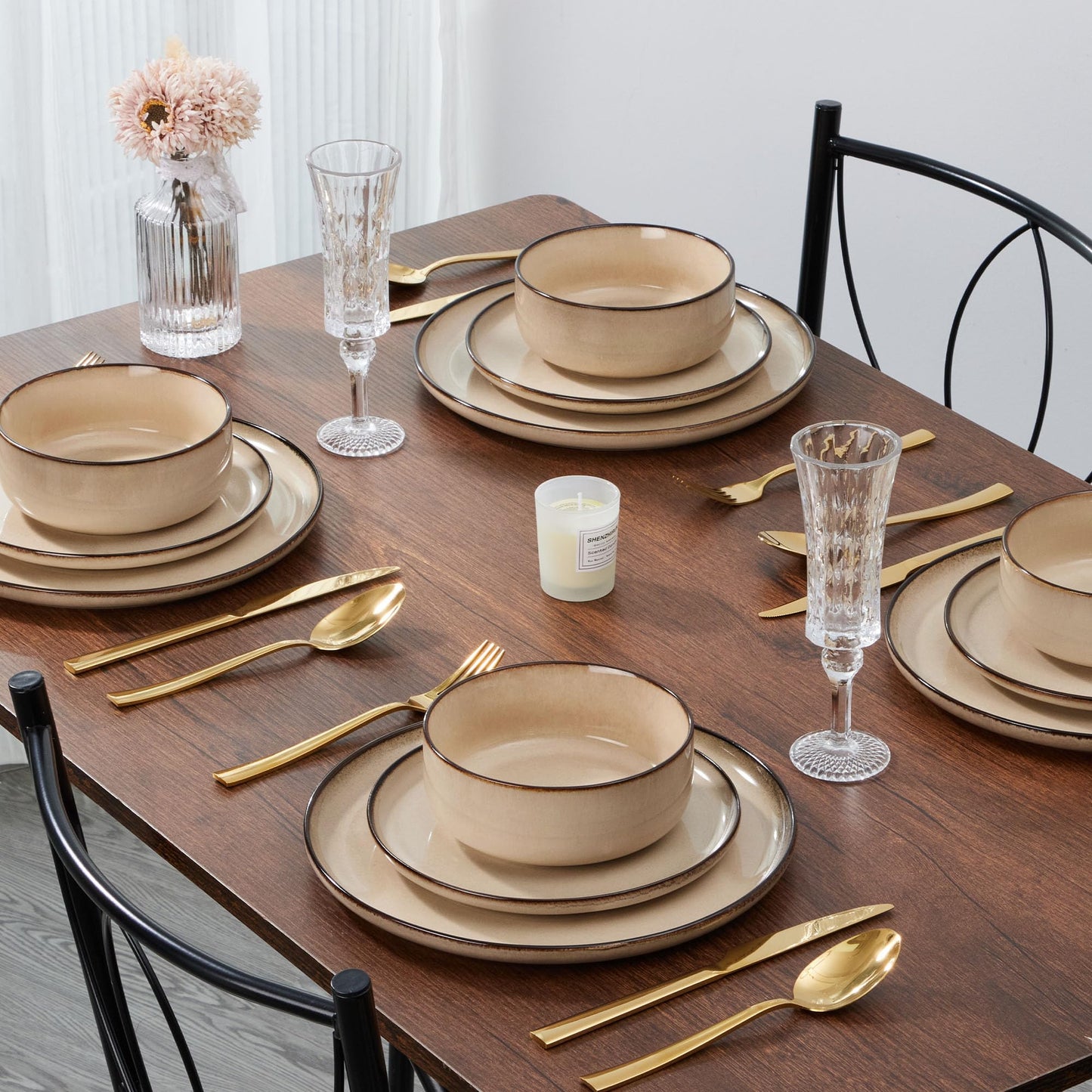 E-far 12-Piece Plates and Bowls Set, Stoneware Dinnerware Sets for 4, Reactive Glaze Ceramic Dinning Ware Dishes, Microwave & Dishwasher Safe - Sandy Beige