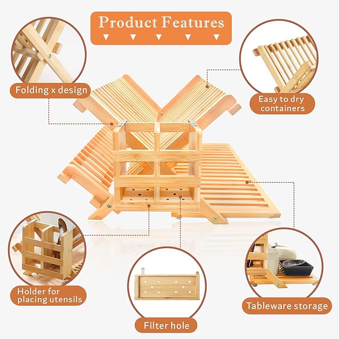 Bamboo Dish Drying Rack with Utensil Holder Set,3-Tier Collapsible Wood Dish Drying Rack for Kitchen,Folding Bamboo Drying Rack with Utensils Flatware Holder,Space-Saving Storage