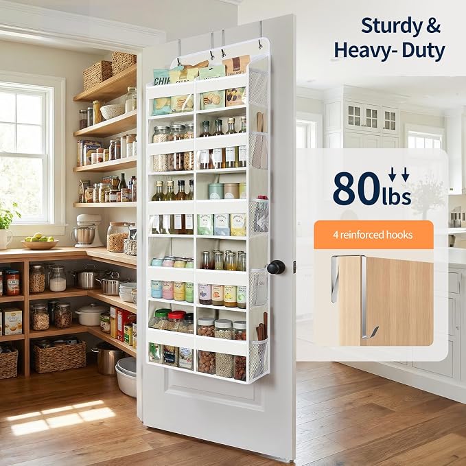 Yecaye Over The Door Organizer, 5 Tier Extra Large Behind Door Storage of 10 Compartments, 80lbs Heavy Duty Door Organizer Hanging with Clear Window for Closet Bedroom Pantry Bathroom, Beige