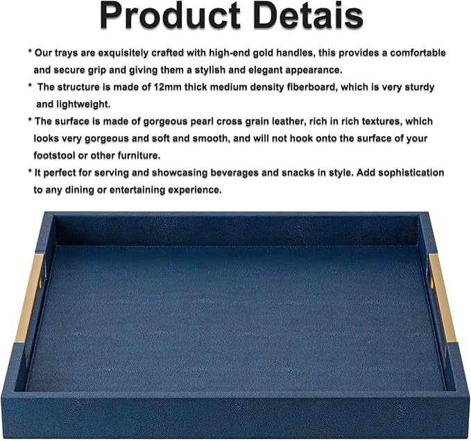 Navy Blue Faux Leather Large Square Decorative Serving Tray with Handles – for Coffee Table, Ottoman, Living Room, Bathroom & Home Decor