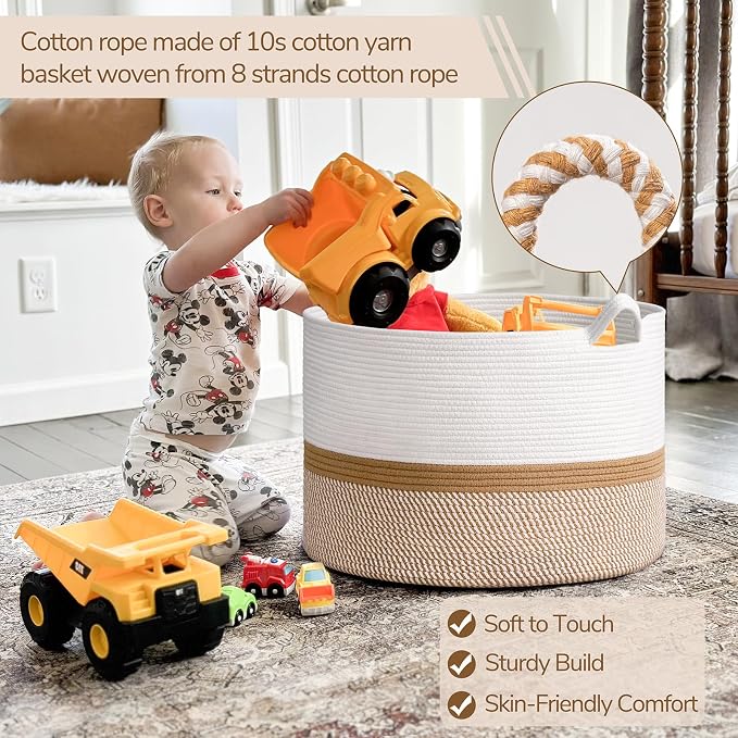 INDRESSME XXXLarge Cotton Rope Basket 21.7" x 21.7" x 13.8" Woven Baby laundry Blanket Basket for Home Decor Living Room Nursery, Toy Storage Baskets for Kids Boys Girls, White & Camel Mix