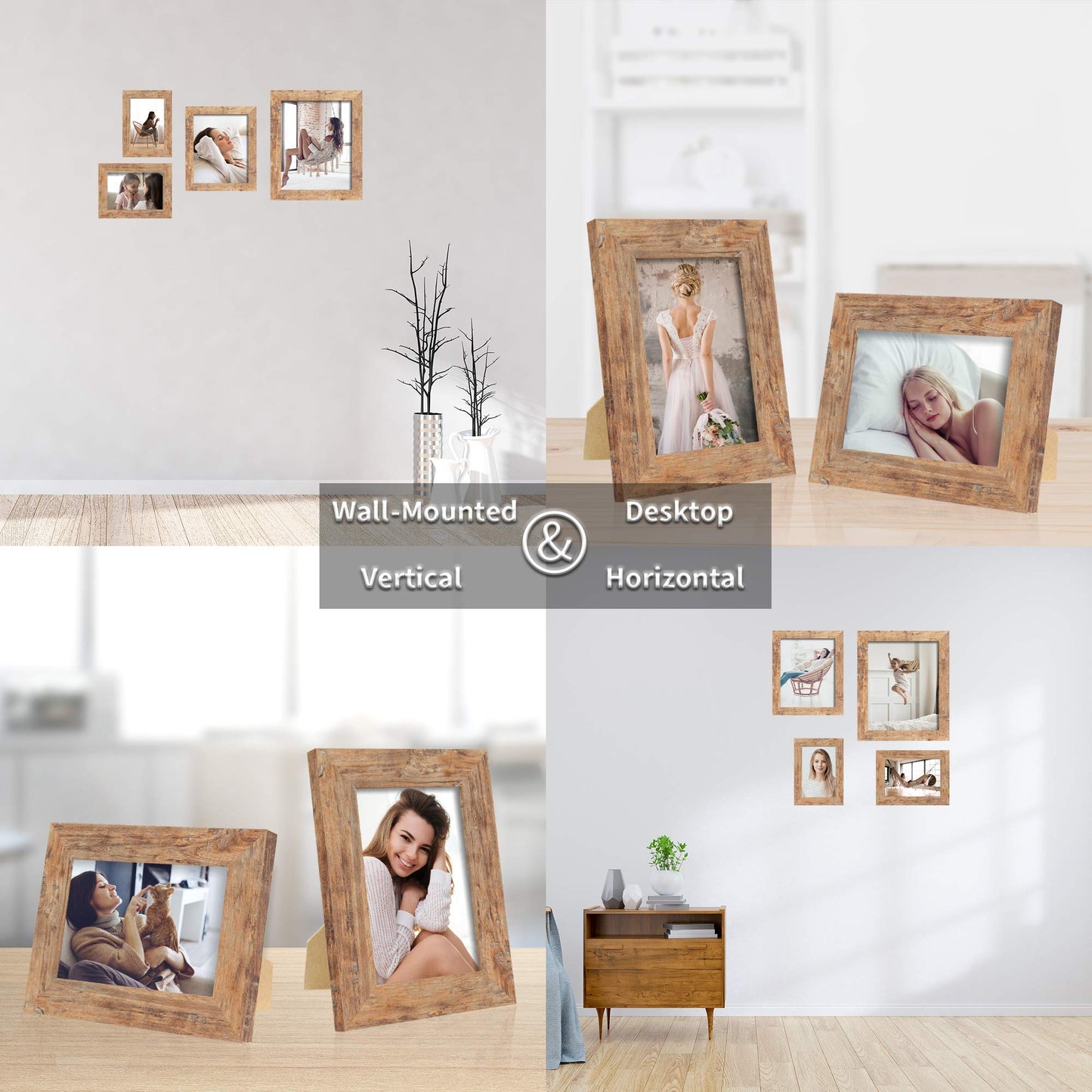 iRahmen 8x10 Picture Frame Set of 4, High Definition Real Glass Rustic Brown Frame, 8 x 10 Wood Photo Frames for Desktop Display and Wall Mounting
