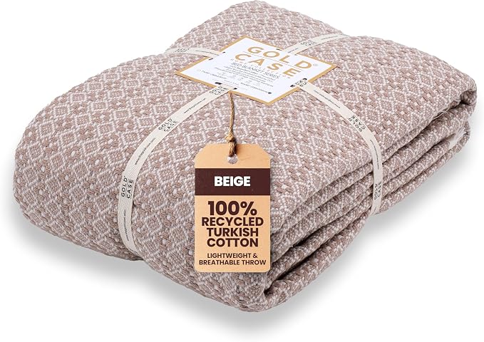Gold Case Throw Blanket for Bed - 100% Recycled Turkish Cotton Blanket - Retro Lightweight Soft Throw Blankets for Bed & Living Room - Twin Size Cozy Blankets - 71x90 - Beige
