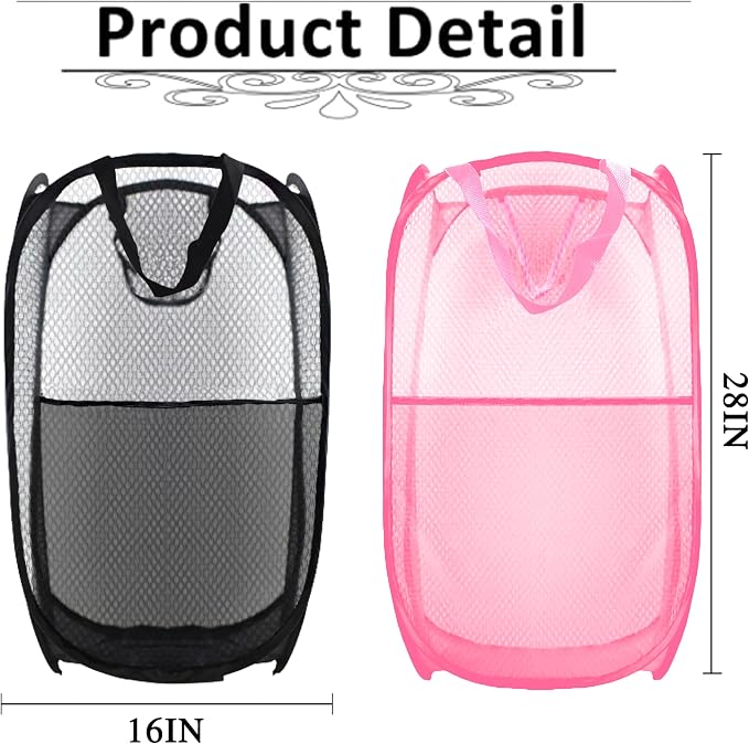 Collapsible Pop Up Laundry Hamper, Extra Large Mesh Foldable Laundry Basket Bag, 28" x 16" x 16", 2 Pack (Black + Pink)