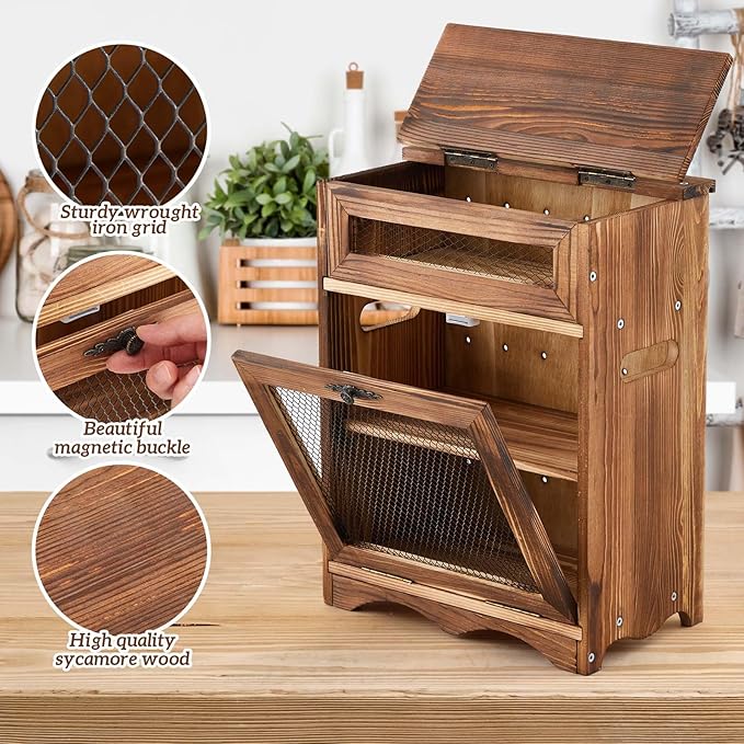 Colingmill Wooden Potato Onion Storage Bin for Kitchen Counter, Farmhouse Vegetable Storage Cabinet with Mesh Door & Lid Rustic Countertop Potato Organizer for Onion Garlic Bread, 11.8 x 6.8 x 16 Inch