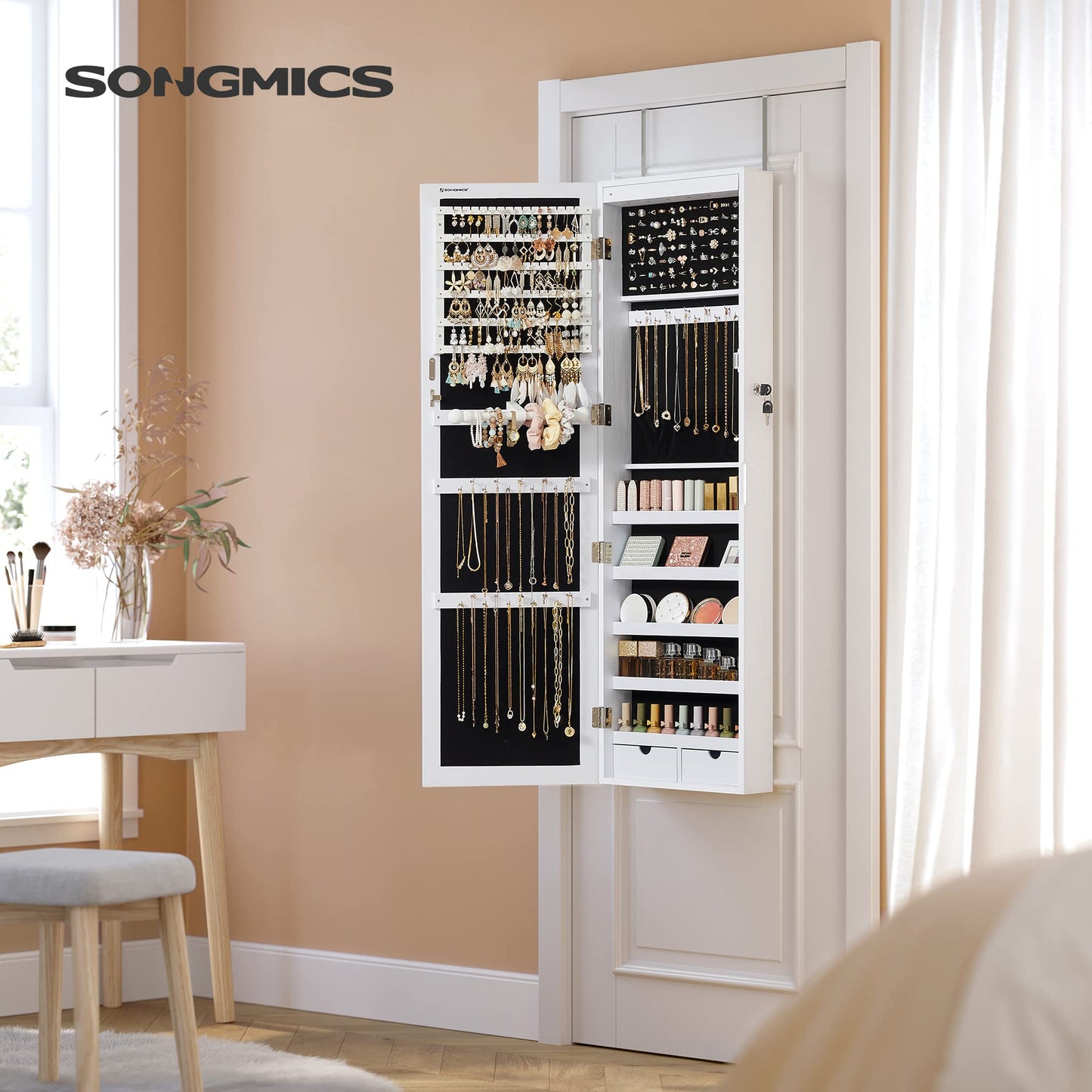 SONGMICS 6 LEDs Mirror Jewelry Cabinet, 47.2-Inch Tall Lockable Wall or Door Mounted Jewelry Armoire Organizer with Mirror, 2 Drawers, 3.9 x 14.6 x 47.2 Inches, White UJJC93W