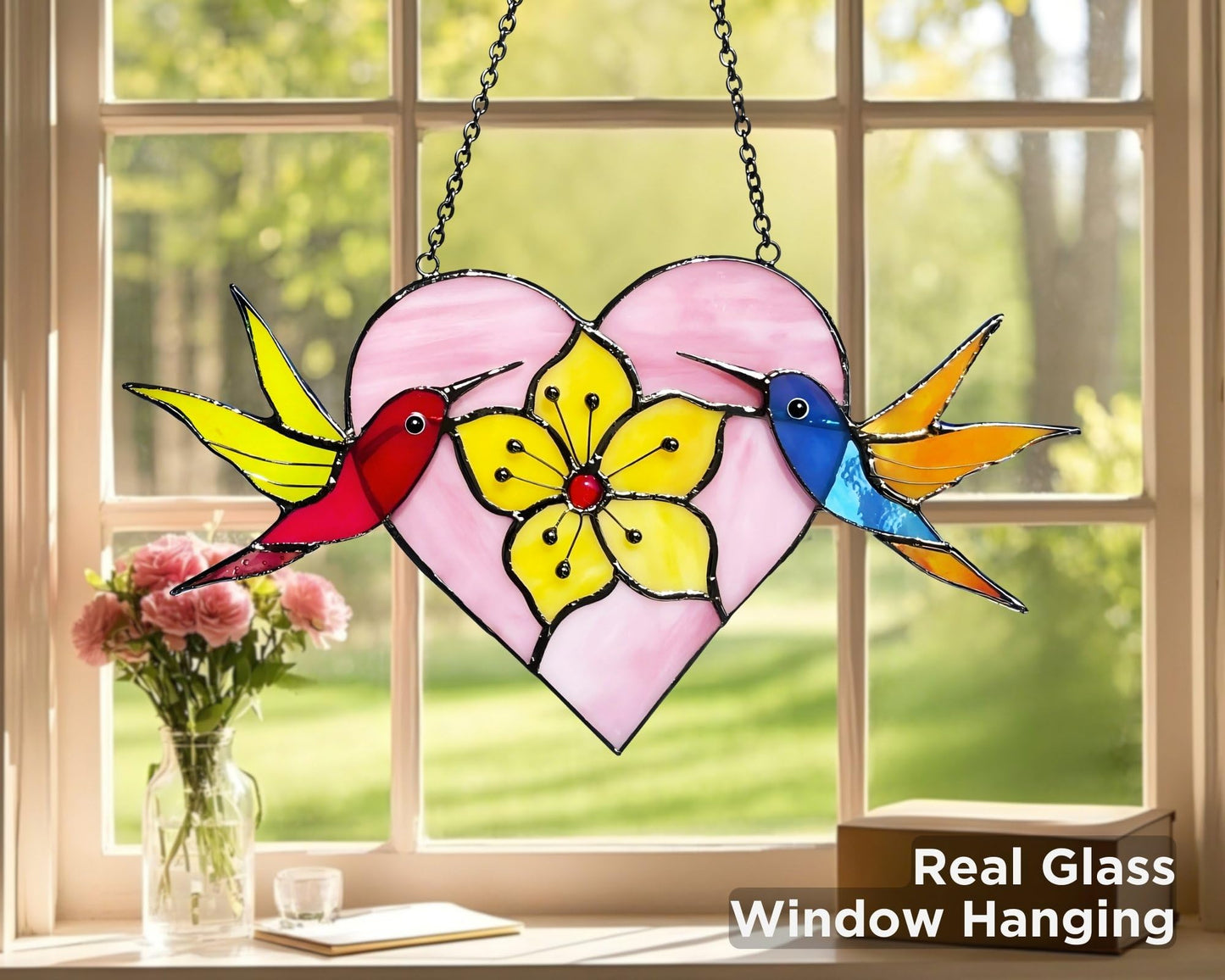 AuroAura Pair of Hummingbirds Stained Glass Window Hanging - Gifts for Women, Mom, Grandma, Mother - Handmade Real Glass Birds Suncatcher - Elegant Gifts Box Heart Figure Home Decor (H4.4xW8.7 Inch)