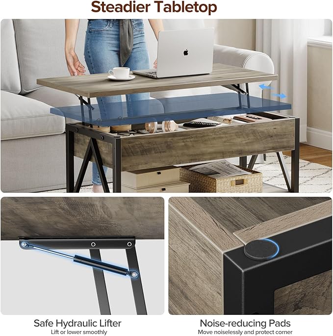 Memobarco Lift Top Coffee Table,Lift Coffee Table with Storage Shelf and Large Hidden Compartment for Living Room,Lifting top Coffee Tables for Small Space,Grey